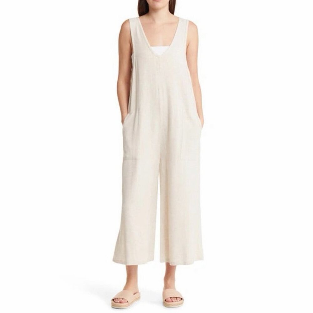 Treasure & Bond Crop Jumpsuit L Cream Rayon Linen Wide Leg Breezy Boho Lagenlook